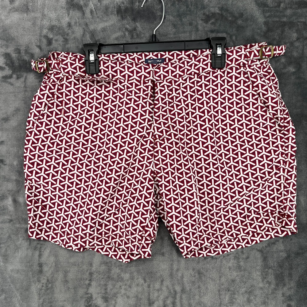 Suitsupply Swim Shorts Men's XL Red Geometric Adjustable Waist Beach Trunks EUC